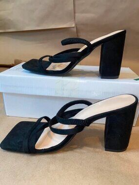 Black suede open-toe high heels